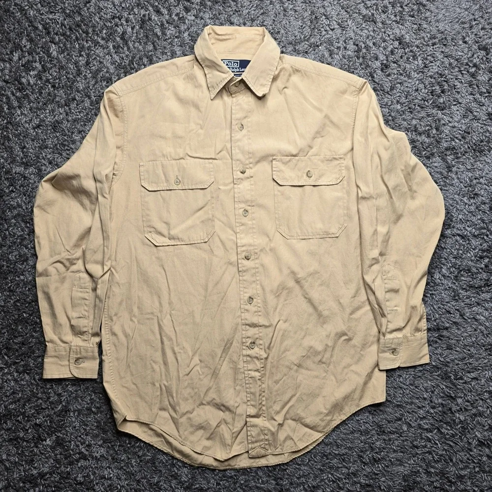 Polo Ralph Lauren Mens Tan Khaki Cotton Utility Work Shirt Button Down Size 90